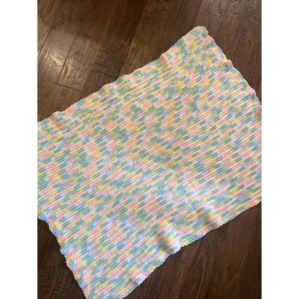 Baby  Crib Blanket Afghan Handmade Crochet Knit Pastel Pink Blue Yellow Vintage